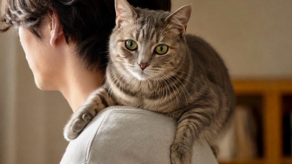 飼い主の肩に乗り周囲を見渡す猫