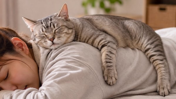 うつ伏せの飼い主の背中の上でくつろぐ猫