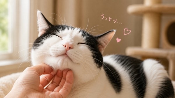 顎の下を撫でられてうっとりと目を細める白黒猫の幸せそうな表情