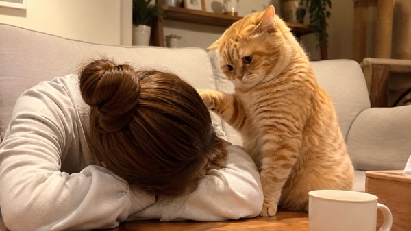落ち込む飼い主にそっと前足を添えて寄り添う茶トラ猫