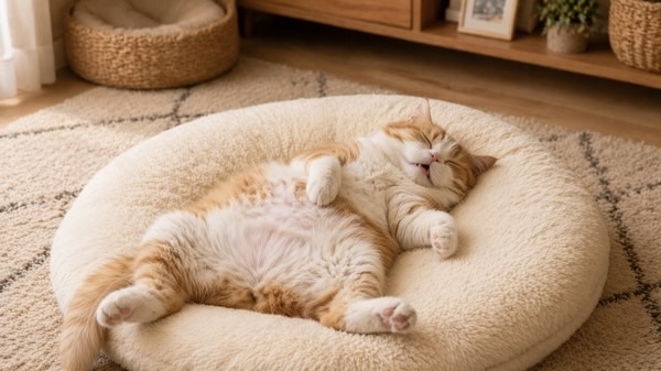 ふかふかの猫ベッドでへそ天になって眠る茶トラ猫