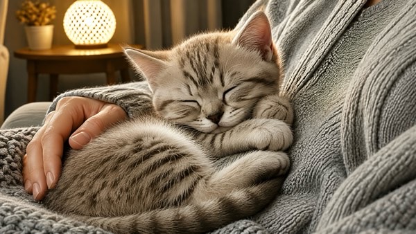 飼い主の腕の中で安心して眠る子猫
