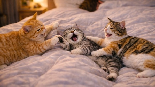 ベッドの上でじゃれ合いながら遊ぶ3匹の猫