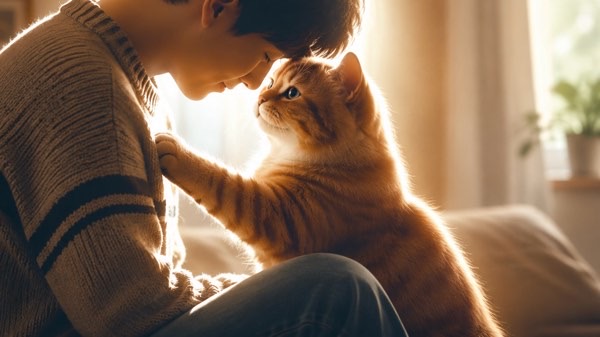 猫と見つめ合いながら心を通わせる飼い主と茶トラ猫の癒しのひととき