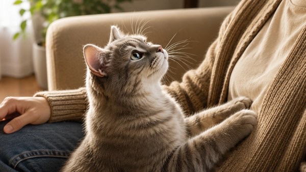 飼い主の膝に前足を乗せて甘える猫