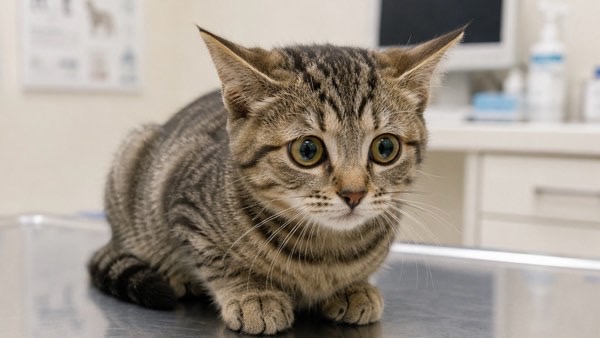 病院の診察台の上で不安そうな表情のキジトラ猫