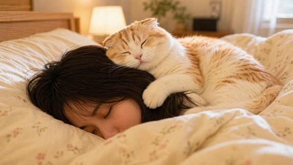 眠る飼い主の頭の上で寄り添いながら眠る猫