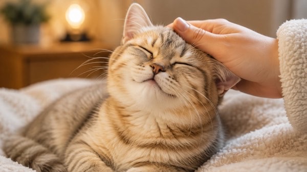 飼い主になでられてうっとりする猫