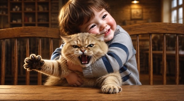 子どもに強く抱きしめられて嫌がる猫