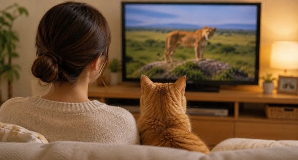 動物番組を一緒に見ながらくつろぐ飼い主と茶トラ猫の後ろ姿