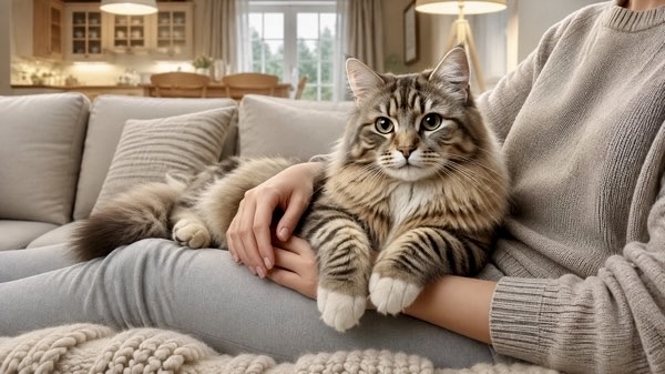 飼い主の膝の上でくつろぎながらこちらを見つめる長毛猫