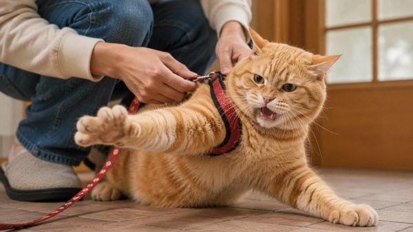 リードを付けられそうになり必死に抵抗する茶トラ猫