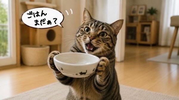 ごはんを催促しながら空の食器を持つ猫