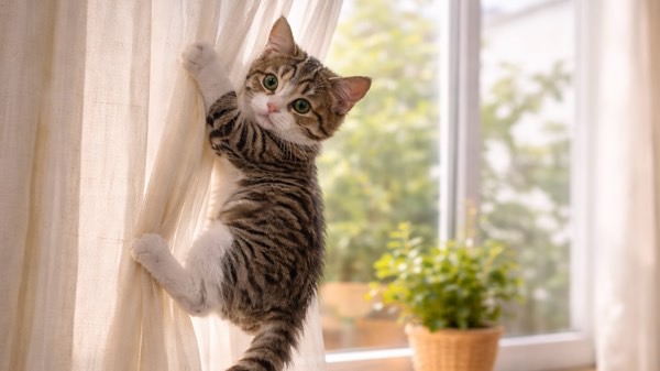 カーテンによじ登る子猫 布製品に猫の毛が付きやすい様子のイメージ