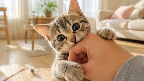 遊びの延長で飼い主の手を甘噛みする子猫