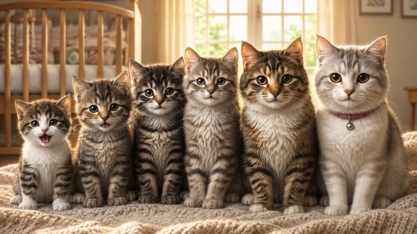 子猫から成猫までの成長過程を並べて比較した猫の年齢イメージ