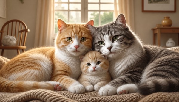 親猫と子猫が寄り添いながらくつろぐ猫の家族