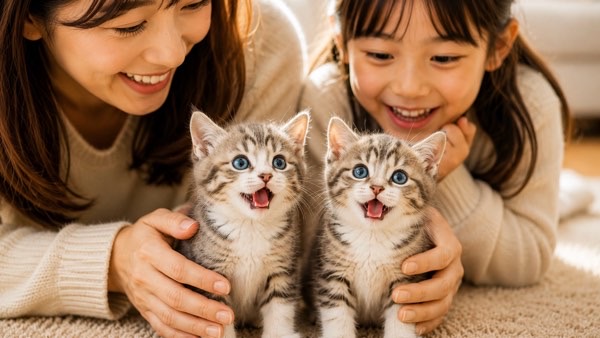 子猫を迎えて笑顔を見せる親子と元気いっぱいの子猫たち