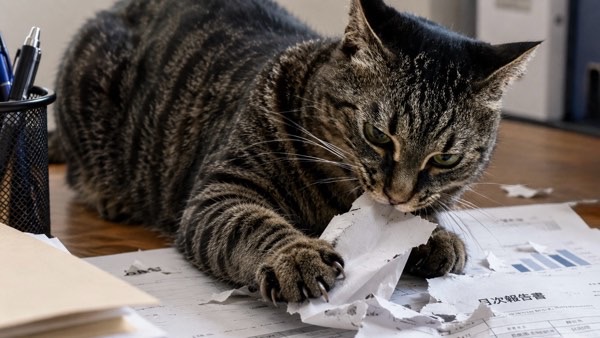 机の上で大切な書類を破って遊ぶいたずら好きの猫
