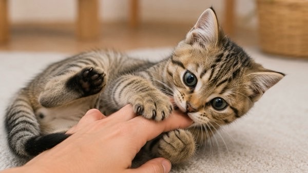 飼い主の指を甘噛みしながら遊ぶ子猫
