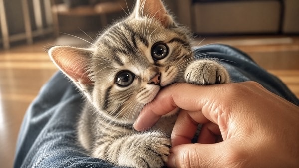 飼い主の指を優しく甘噛みする子猫の愛情表現