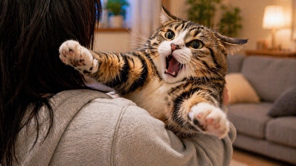 抱っこを嫌がって前足を突っ張る猫の様子