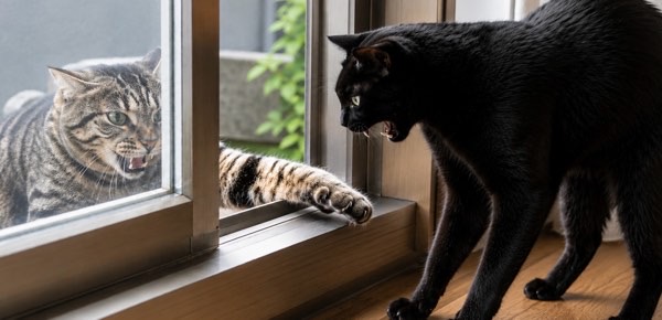 窓越しに威嚇し合う飼い猫と野良猫