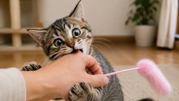 遊びの最中に飼い主の手を噛んでしまう子猫