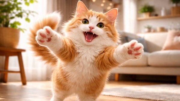 元気いっぱいに前足を広げて遊びに誘う若い猫