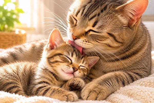 子猫を優しく舐めて世話をする母猫の愛情行動