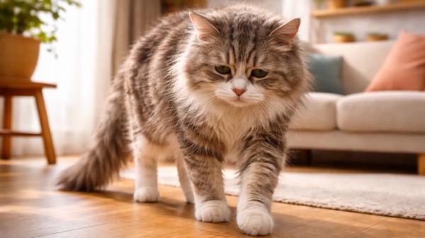 体調が悪く辛そうな表情で歩く長毛猫