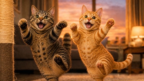 元気いっぱいに遊ぶキジトラ猫と茶トラ猫 適切な治療で元気に暮らす猫たちのイメージ