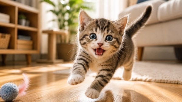 おもちゃを追いかけて元気いっぱいに走る子猫