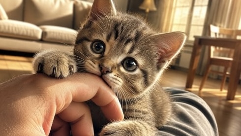 狩猟本能から指にじゃれついて甘噛みする子猫
