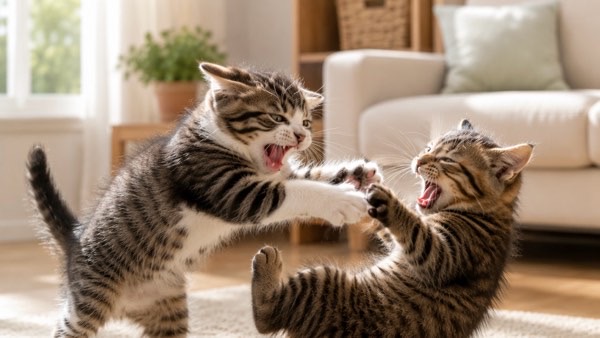 じゃれ合いながら噛み加減を学ぶ子猫たち