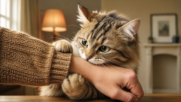 猫の甘噛みで手を噛まれる飼い主の様子