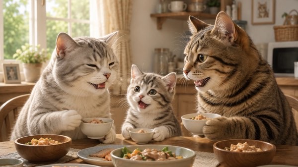 親子三世代の猫が仲良く食事を楽しむ様子