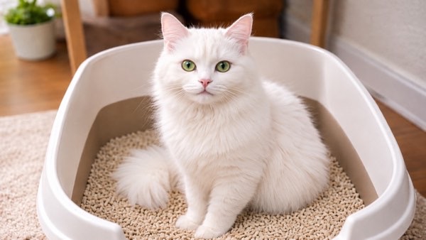 清潔な猫トイレに座る白猫 猫トイレをこまめに掃除する大切さのイメージ
