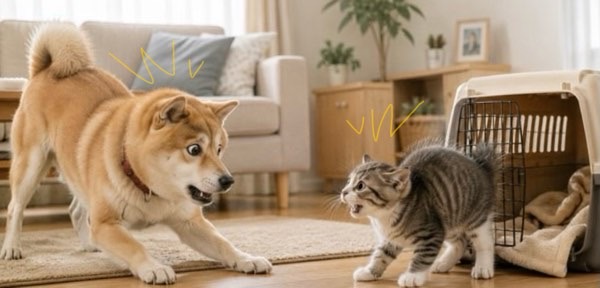 初対面で警戒し合う犬と子猫の様子
