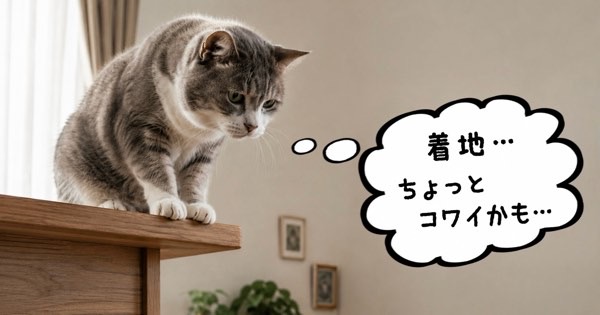 高い場所からジャンプをためらうシニア猫