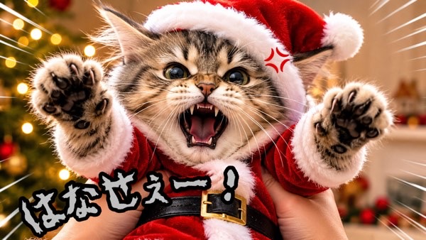 コスプレを嫌がって怒る猫のコミカルな様子