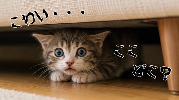 ソファの下に隠れて不安そうな表情を見せる子猫