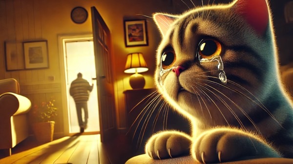 飼い主の外出を見送って涙目になる猫 留守番への不安を感じる様子