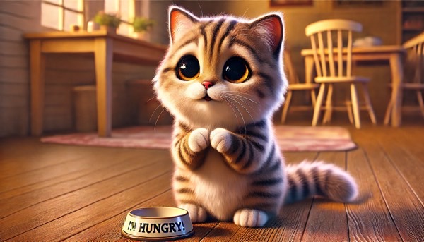 ごはんを待ちながら飼い主を見つめて催促する猫の行動