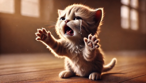 鳴きながら前足を伸ばす子猫 分離不安で強い不安を感じている様子