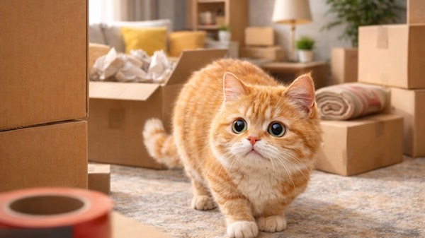 引っ越し直後の部屋で不安そうにする猫 環境変化によるストレス