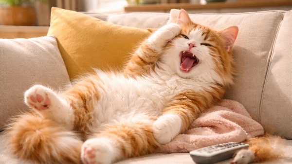 リビングのソファの上ででくつろいでいる退屈そうな猫の様子