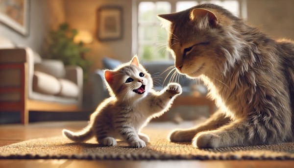 子猫がじゃれながら遊びに誘い、成猫が優しく受け止めている多頭飼いの微笑ましい関係