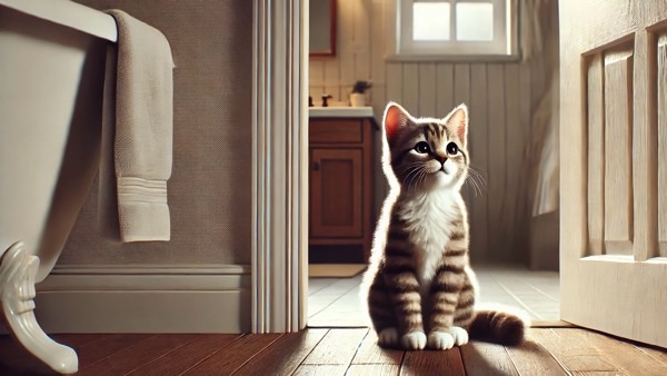 お風呂にもついてくる後追いする子猫の様子