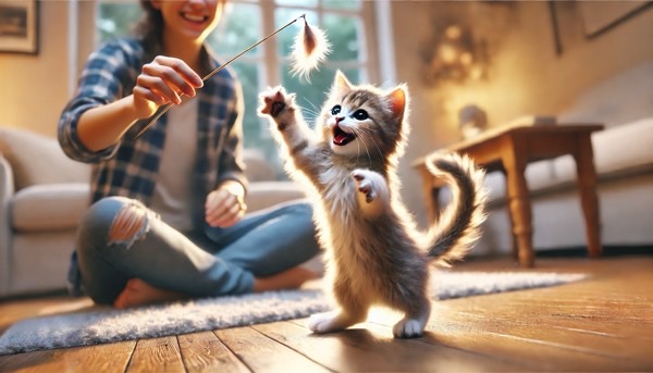 猫じゃらしで遊びながら飼い主とコミュニケーションを取る子猫